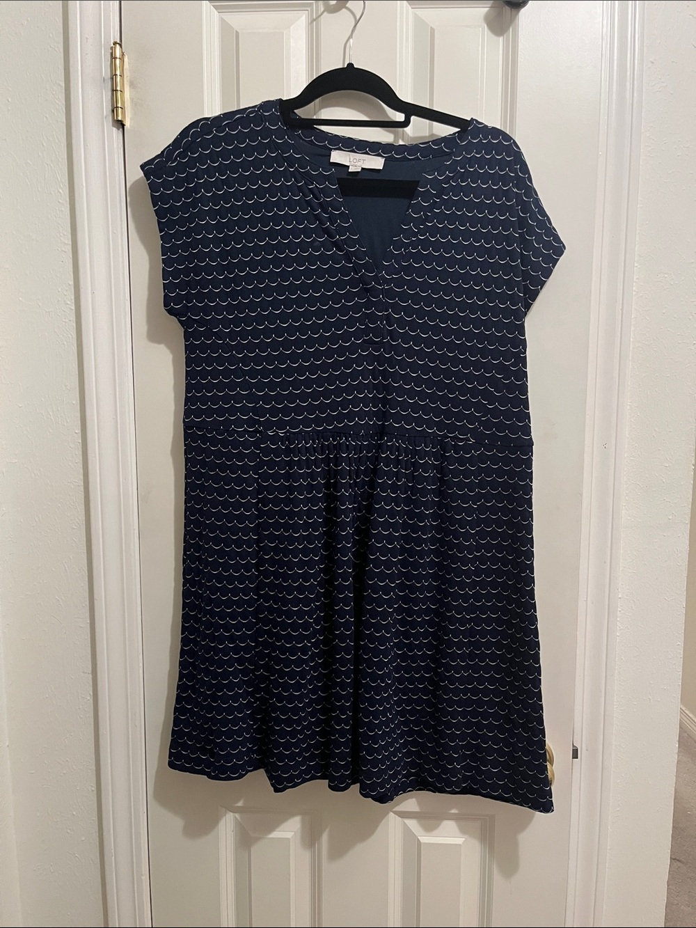 LOFT Navy Scallop Print V-Neck Midi Dress